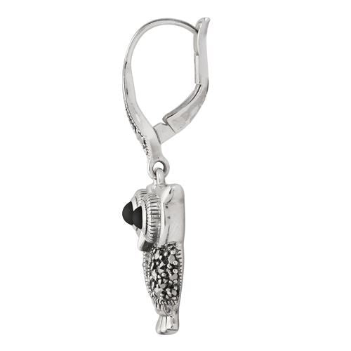 Boucles d'Oreilles Pendantes Style Art Déco Argent 925 Onyx Noire et Marcassite