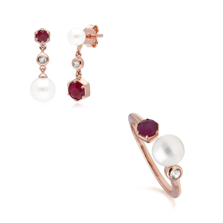Bague et Boucles d'Oreilles Perle Moderne Argent 925 Doré à l'Or Fin Rose Rubis, Topaze et Perle