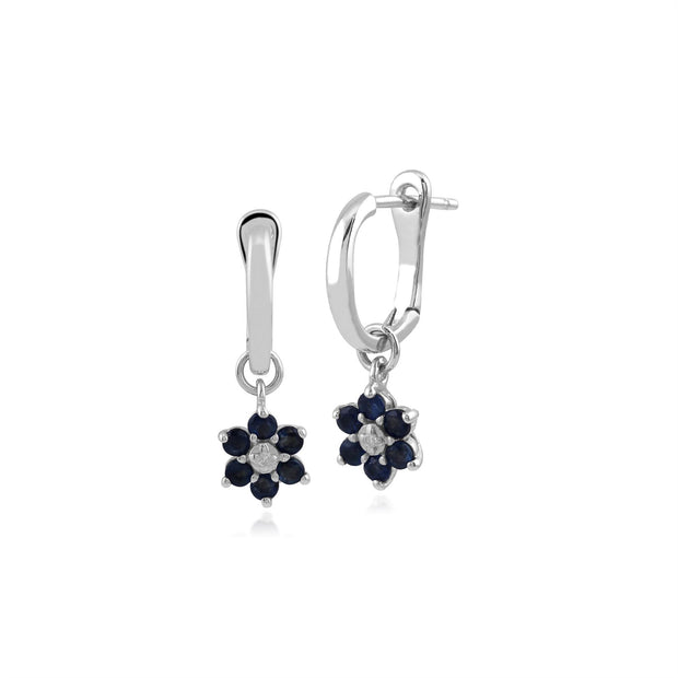 Boucles d'Oreilles Dormeuses Floral Or Blanc 375 Saphir Rond et Diamant