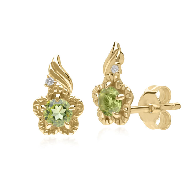 Boucles d'oreilles Floral Or Jaune 375 Péridot et Diamant Ronds