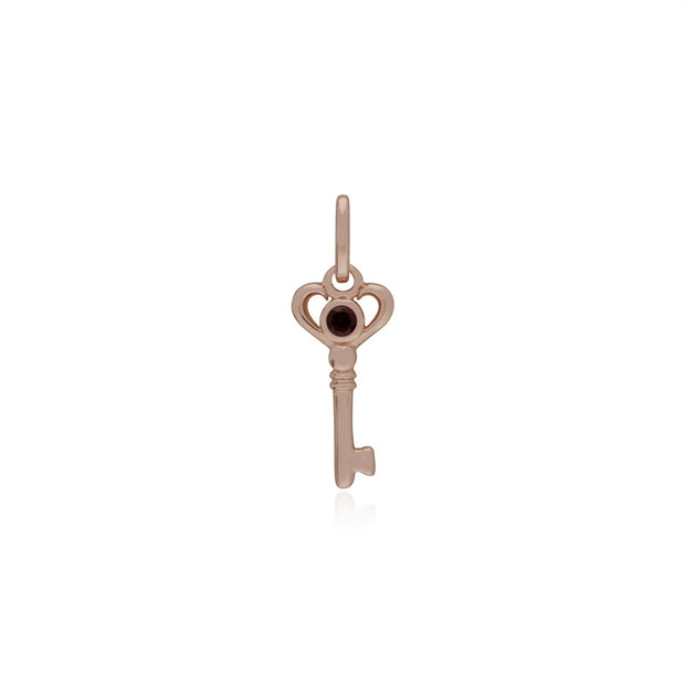 Pendentif Classique Argent 925 Plaqué Or Rose Petite Clé avec Grenat Rond