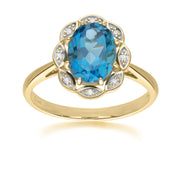 Bague classique or jaune 375 avec topaze bleue de Londres et diamant lux