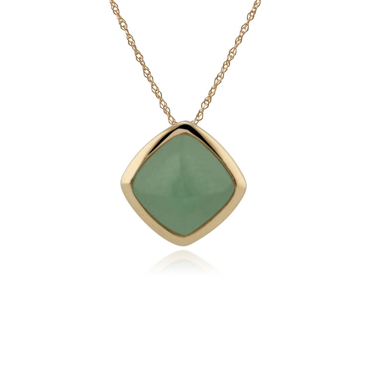 Pendentif et Boucles d'Oreilles Clou Classique Or Jaune 375 Jade Verte Coussin sertie Clos