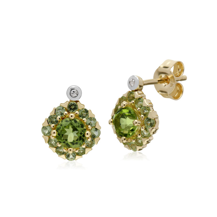 Boucles d'Oreilles Clou et Pendentif Carré Classique Or Jaune 375 Péridot et Diamant Cluster