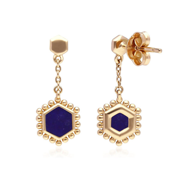 Boucles d'Oreilles Pendantes Flat Slice Hexagone Argent 925 Doré à L'or Fin Lapis Lazuli