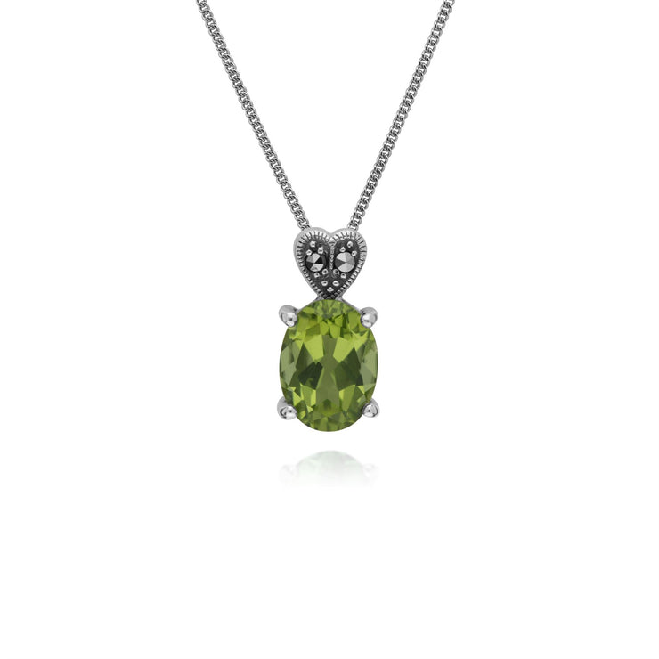 Pendentif et Boucles d'Oreilles Clou Style Art Déco Argent 925 Péridot Oval et Marcassite