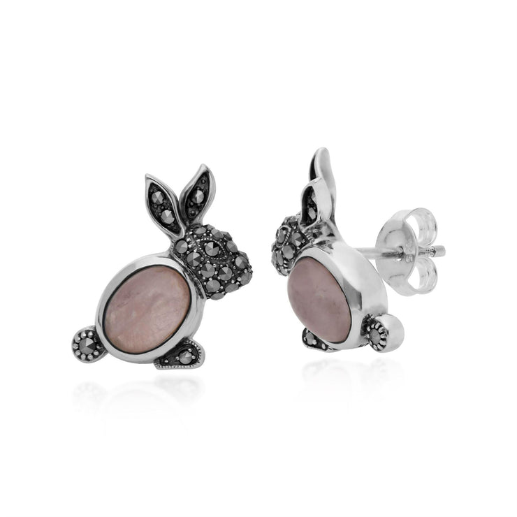 Quartz Rose Boucles D'Oreilles, Argent Sterling 1.58ct Quartz Rose & 0,27 CT Marcassite Lapin Boucles D'Oreilles