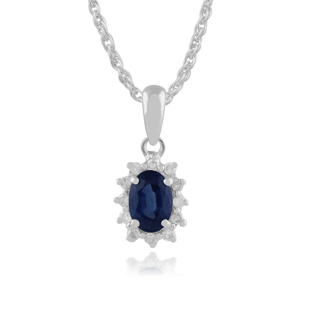 Pendentif Classique Or Blanc 375 Saphir Oval Bleu et serti de Diamant avec une chaîne de 45cm