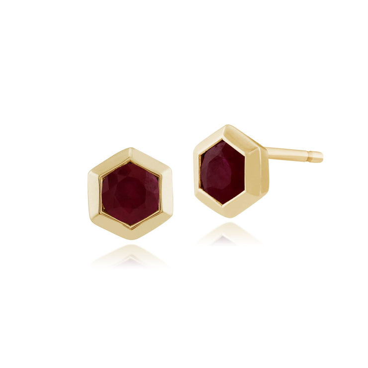 Boucles d'Oreilles Clou Géométrique Or Jaune 375 Rubis Hexagonal serti Clos