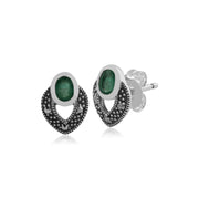 Collier et Boucles d'Oreilles Clou Style Art Déco Argent 925 Emeraude Oval et Marcassite