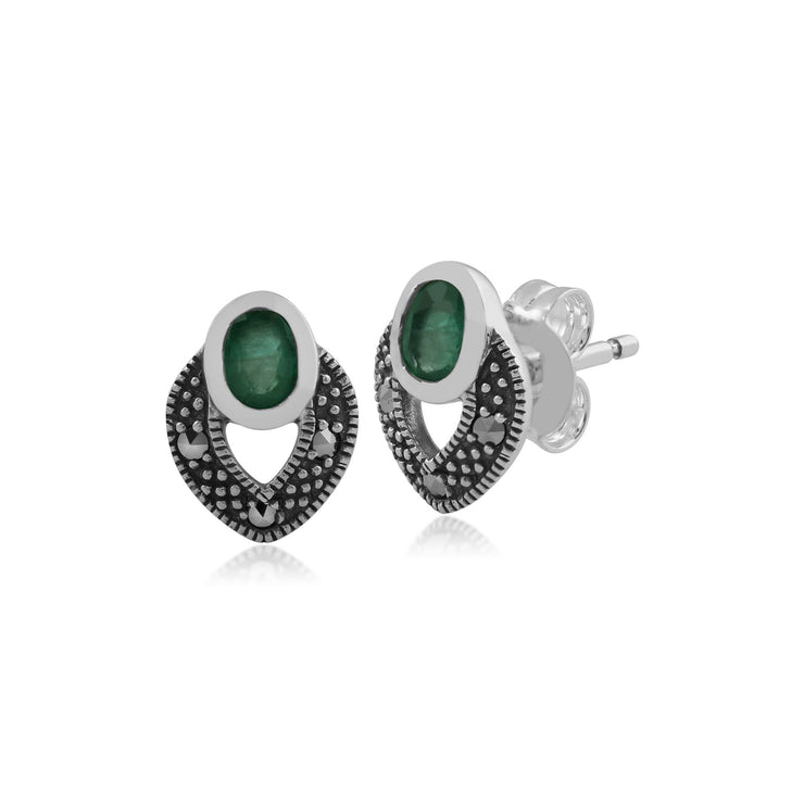 Collier et Boucles d'Oreilles Clou Style Art Déco Argent 925 Emeraude Oval et Marcassite