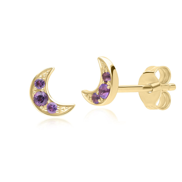 Boucles d'Oreilles Clou Lune Night Sky en Or Jaune 9 Carats avec Améthyste