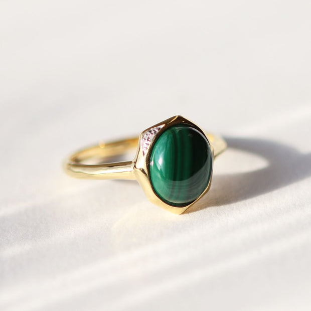 Bague Irregulier B Gem Argent 925 Plaqué Or Malachite et Diamant