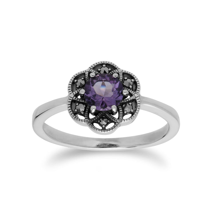 Gemondo Bague Amethyste, Argent Sterling Améthyste & Marcassite Bague Fleur - Améthyste