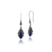 Boucles d'Oreilles Pendantes Style Art Déco Argent 925 Lapis Lazuli Diamant et Marcassite