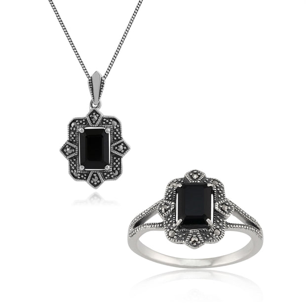 Bague et Boucles d'Oreilles Pendantes Style Art Déco Argent 925 Spinelle Noir Baguette et Marcassite sertis Clos