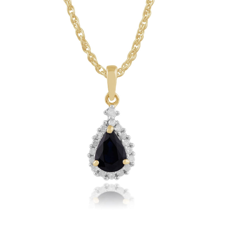 Pendentif et Boucles d'Oreilles Clou Classique Or Jaune 375 Saphir Poire et Diamant Halo