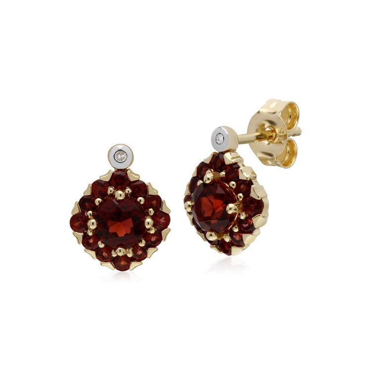 Boucles d'Oreilles Clou et Pendentif Carré Classique Or Jaune 375 Grenat et Diamant Cluster