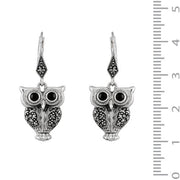 Pendentif et Boucles d'Oreilles Pendantes Chouette Style Art Nouveau Argent 925 Onyx Noir Ronde