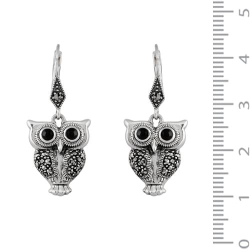 Pendentif et Boucles d'Oreilles Pendantes Chouette Style Art Nouveau Argent 925 Onyx Noir Ronde
