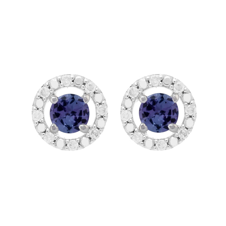 Boucles d'Oreilles Clou Tanzanite Classique Or Blanc 375 et Ear-Jacket Rond Diamant