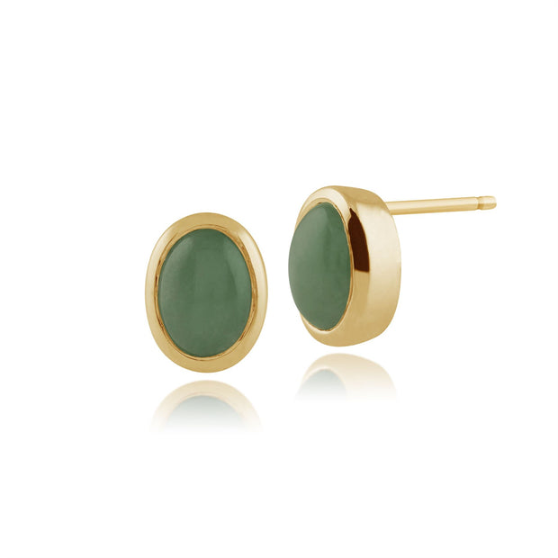 Boucles d'Oreilles Clou Classique Or Jaune 375 Jade Cabochon Oval