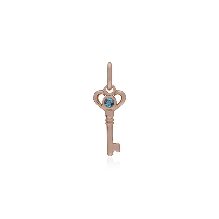 Pendentif Classique Cadenas Cœur Torsadé Argent 925 Plaqué Or Rose et Charms Clé Topaze Bleue