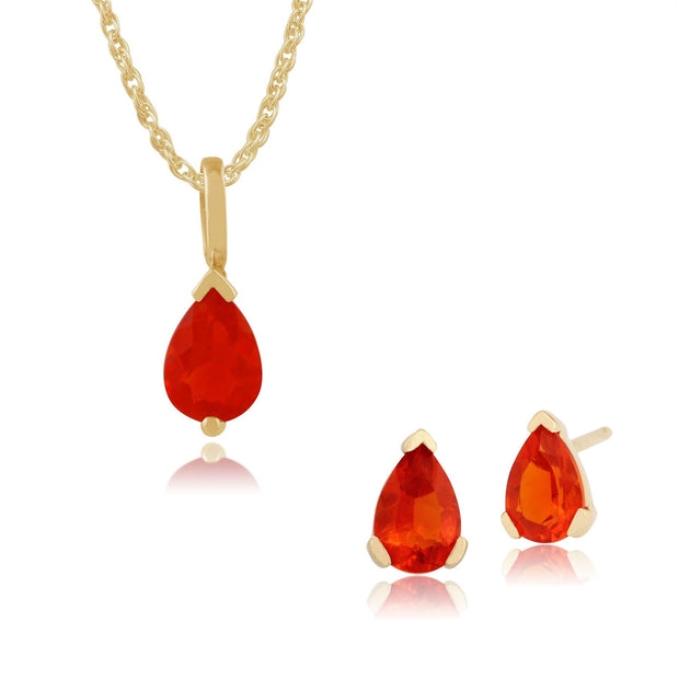Boucles d'Oreilles Clou et Pendentif Classique Or Jaune 375 Opale de Feu Poire