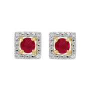 Boucles d'Oreilles Clou Rubis Classique Or Jaune 375 et Ear-Jacket Carré Diamant