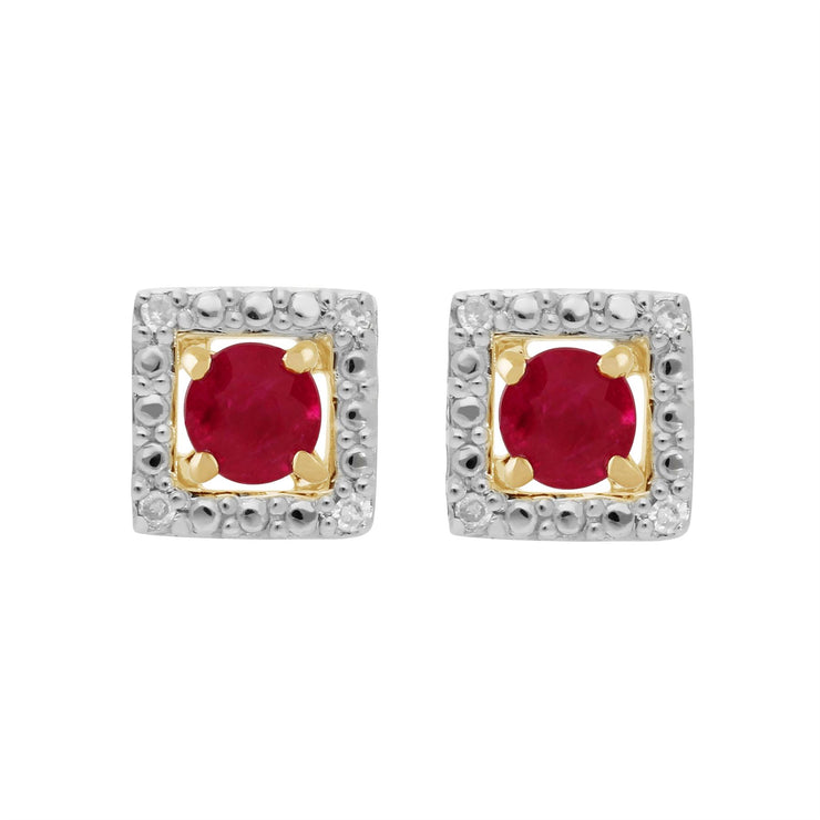 Boucles d'Oreilles Clou Rubis Classique Or Jaune 375 et Ear-Jacket Carré Diamant