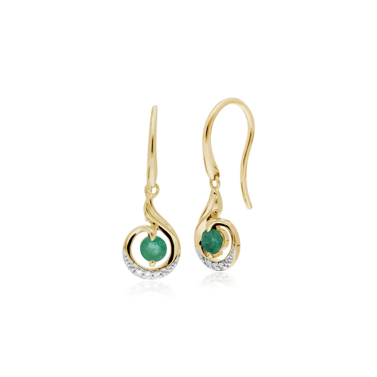 Émeraude Boucles D'oreilles, 9 Ct Or Jaune Émeraude Et Diamant Spirale Boucles D'oreilles Goutte
