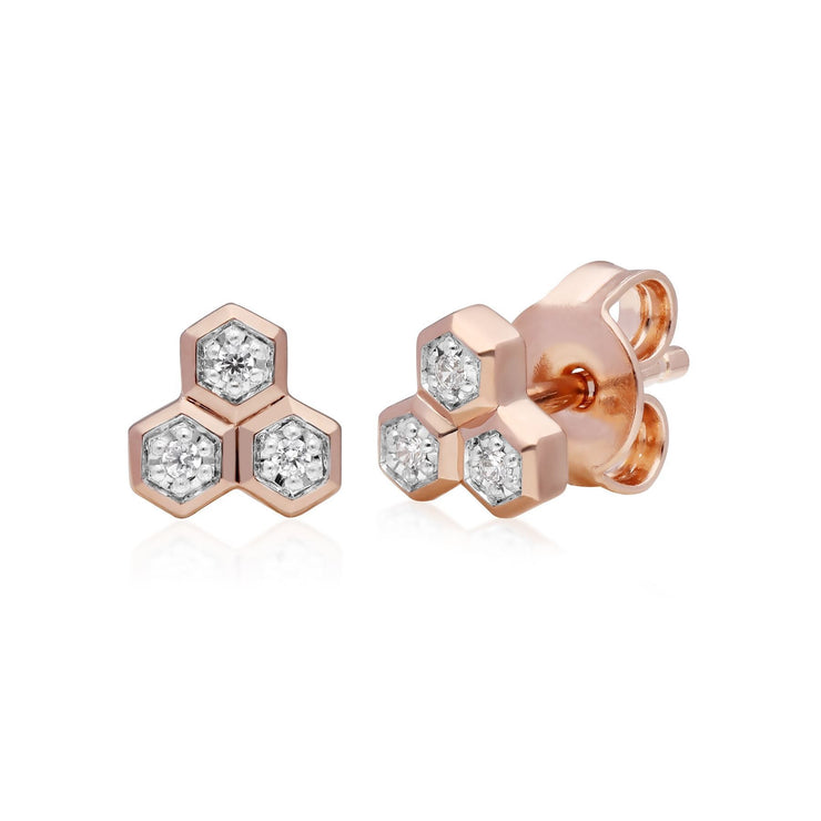 Collier et Boucles d'Oreilles Clou Trilogie Diamant Or Rose 375 Diamant