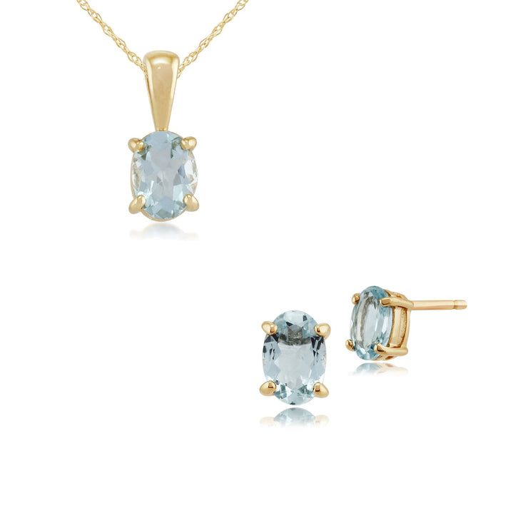Pendentif et Boucles d'Oreilles Clou Classique Or Jaune 375 Aigue-Marine Ovale