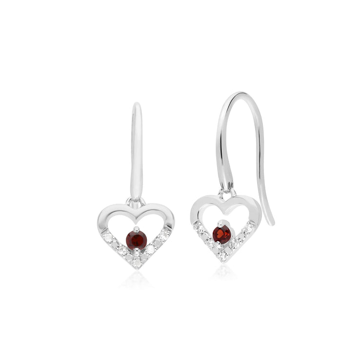 s 9 CT or Blanc Unique Grenat et Diamant Boucles D'Oreilles Cœur Ouvert