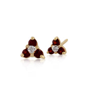 Boucles d'Oreilles Clou Floral Or Jaune 375 Grenat Rond et Diamant Style Cluster