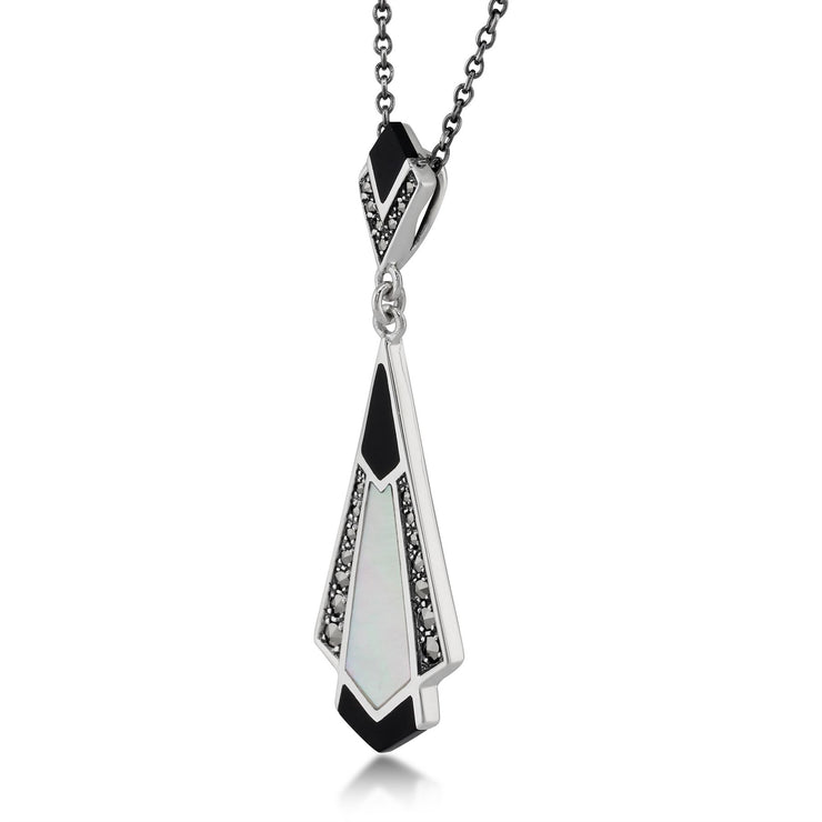 Pendentif Style Art Déco Argent 925 Onyx Noir, Nacre et Marcassite