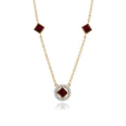 Collier et Boucles d'Oreilles Pendantes Or Jaune 375 Rubis Carré et Diamant Halo