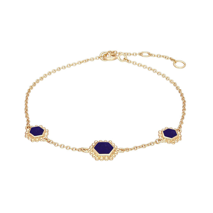 Bracelet Chaîne Flat Slice Hexagone Argent 925 Plaqué Or Lapis Lazuli