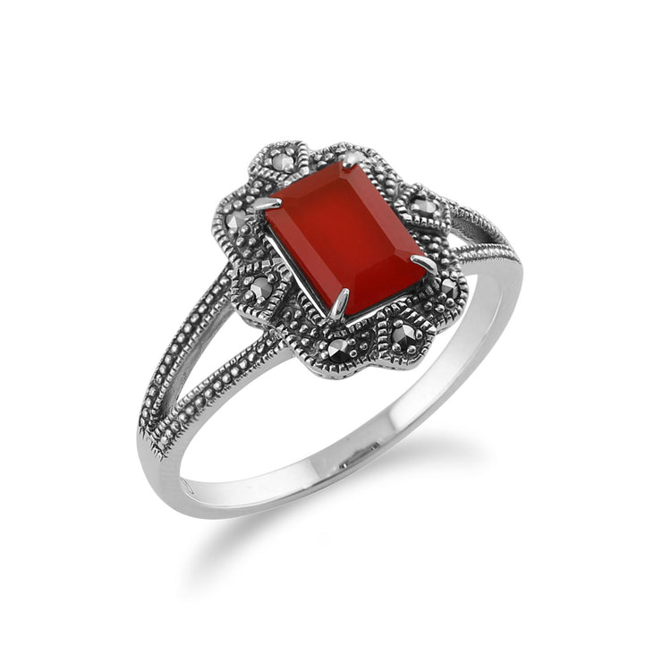 Gemondo 925 Argent Art Déco 0,85ct Orange Cornaline & Marcassite Bague