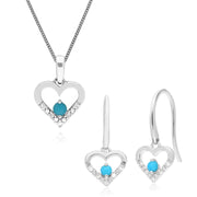 Boucles d'Oreilles Pendantes et Pendentif Cœur Classique Or Blanc 375 Turquoise Ronde et Diamant
