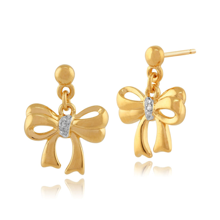Pendentif et Boucles d'Oreilles Clou Nœud Classique Argent 925 Plaqué Or Jaune Diamant