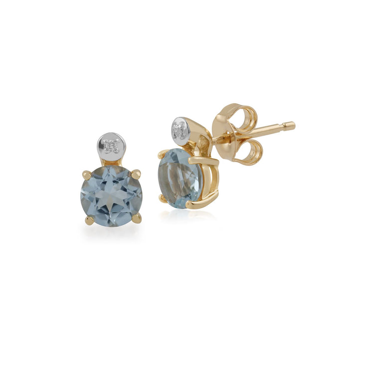 Boucles d'Oreilles Clou Classique Or Jaune 375 Aigue-Marine Ronde et Diamant