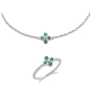 Bracelet et Bague Clou Trèfle Floral Argent 925 Emeraude Ronde