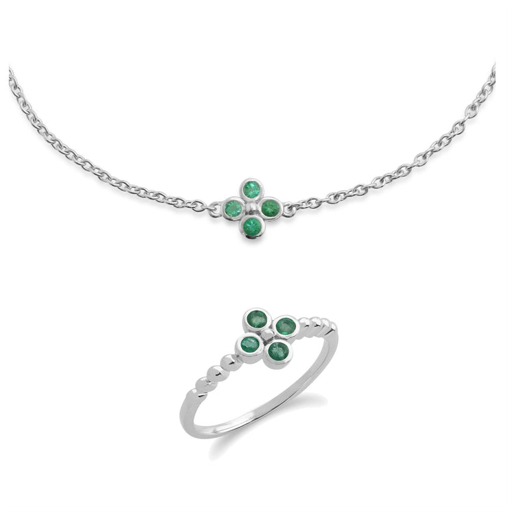 Bracelet et Bague Clou Trèfle Floral Argent 925 Emeraude Ronde
