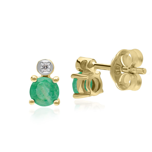 Boucles d'oreilles clou Micro Statement en or jaune 9 carats avec emeraude et diamants ronds