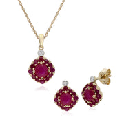 Boucles d'Oreilles Clou et Pendentif Carré Classique Or Jaune 375 Rubis et Diamant Cluster