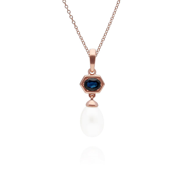 Pendentif Moderne Perle Argent 925 Plaqué Or Rose Perle et Saphir Hexagonal