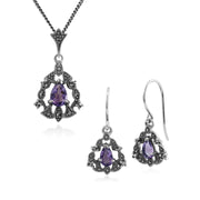 Collier et Boucles d'Oreilles Pendantes Guirlande Style Art Nouveau Argent 925 Améthyste Poire et Marcassite