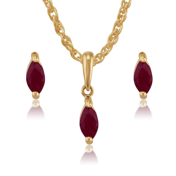 Pendentif et Boucles d'Oreilles Clou Classique Or Jaune 375 Rubis Marquise