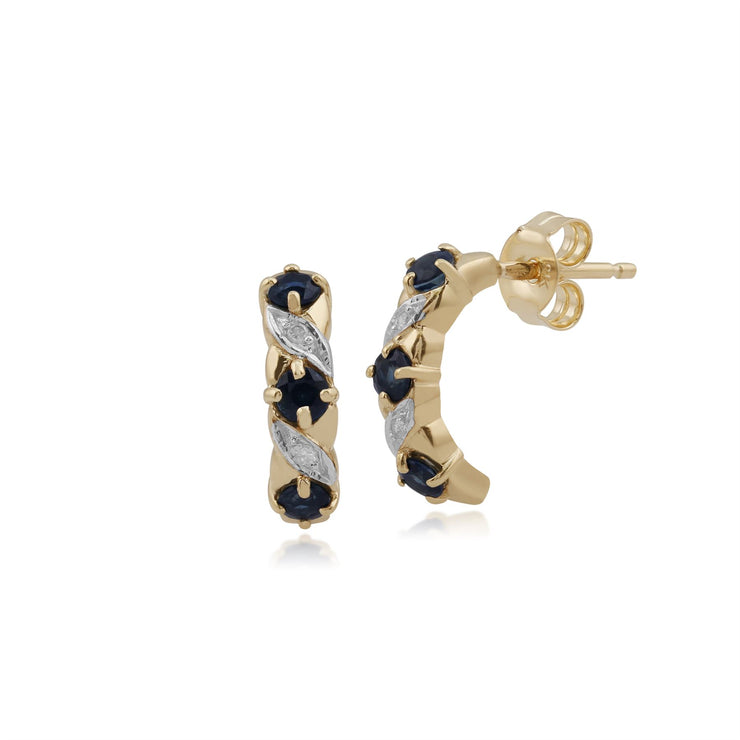 Boucles d'Oreilles Demi Créoles Classique Or Jaune 375 Saphir Rond et Diamant